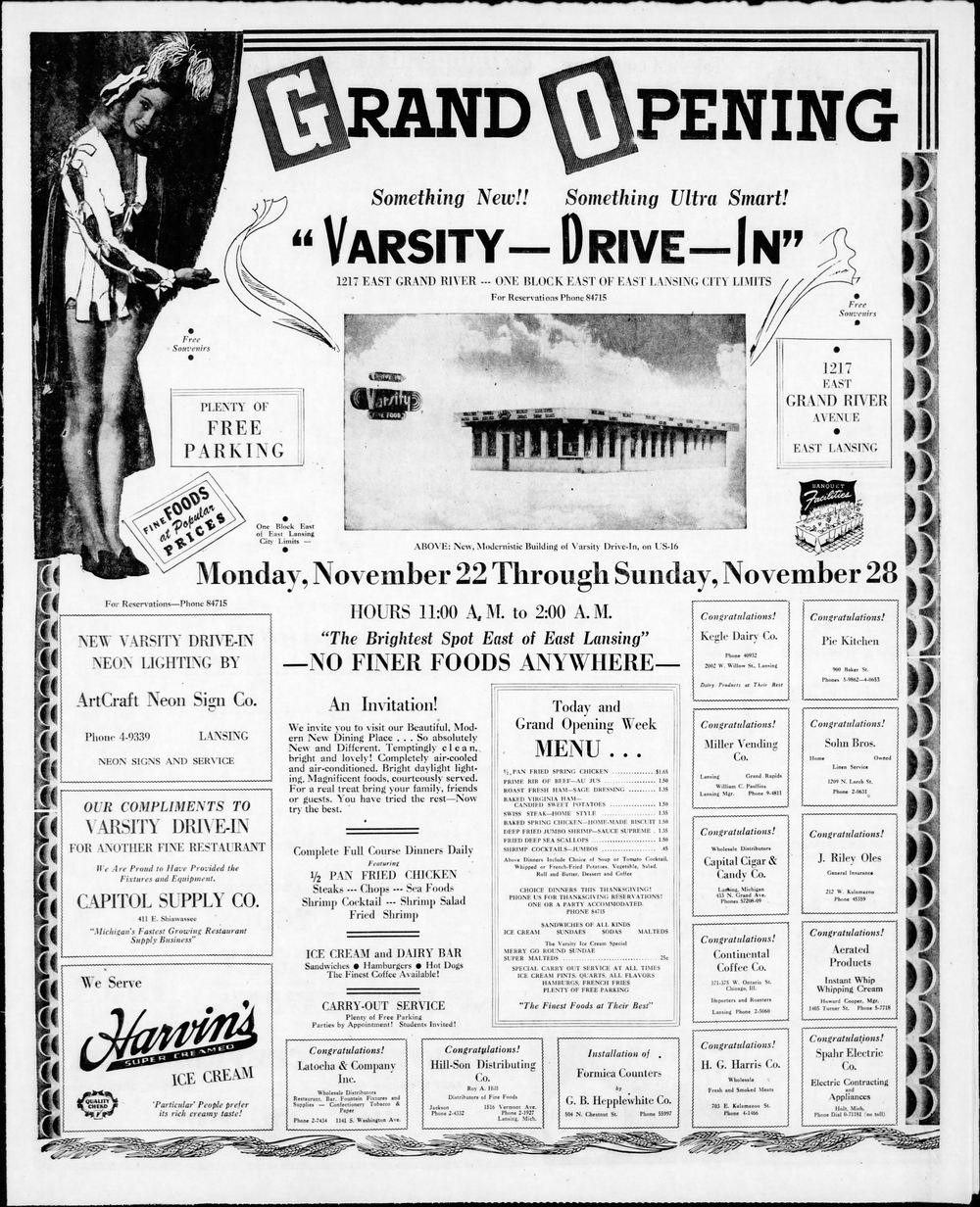 Varsity Drive-In (Los Tres Amigos) - Full Page Ad 1948 Grand Opening (newer photo)